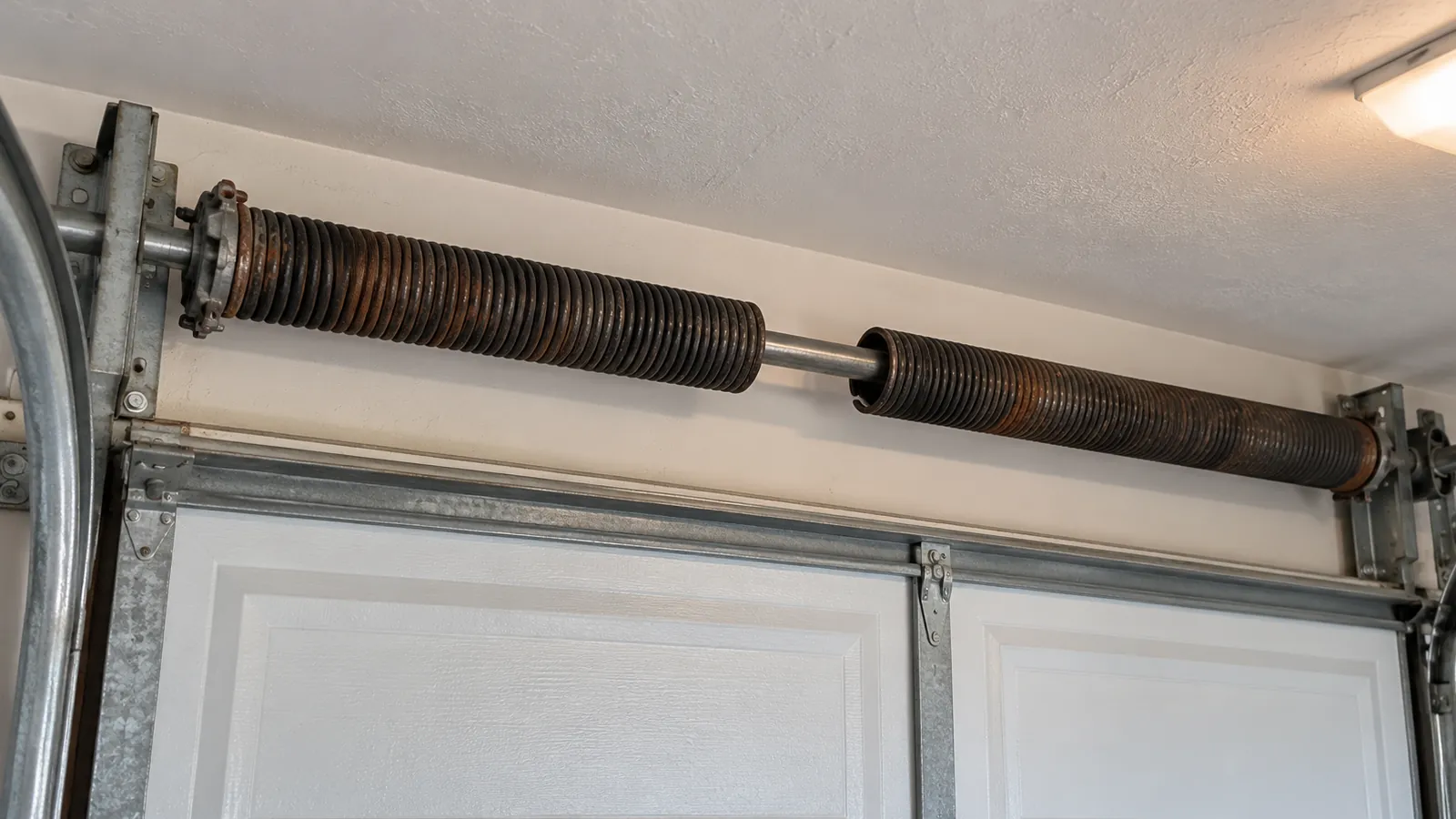 Close view of a broken torsion spring on the bar above a garage door, with a clear gap between two sections of the coil