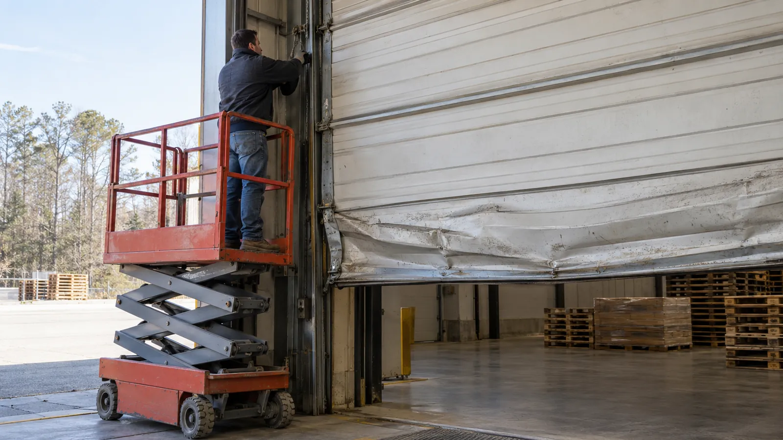 Technician on a scissor lift beside a ribbed steel overhead door with a bent bottom section in a warehouse loading bay