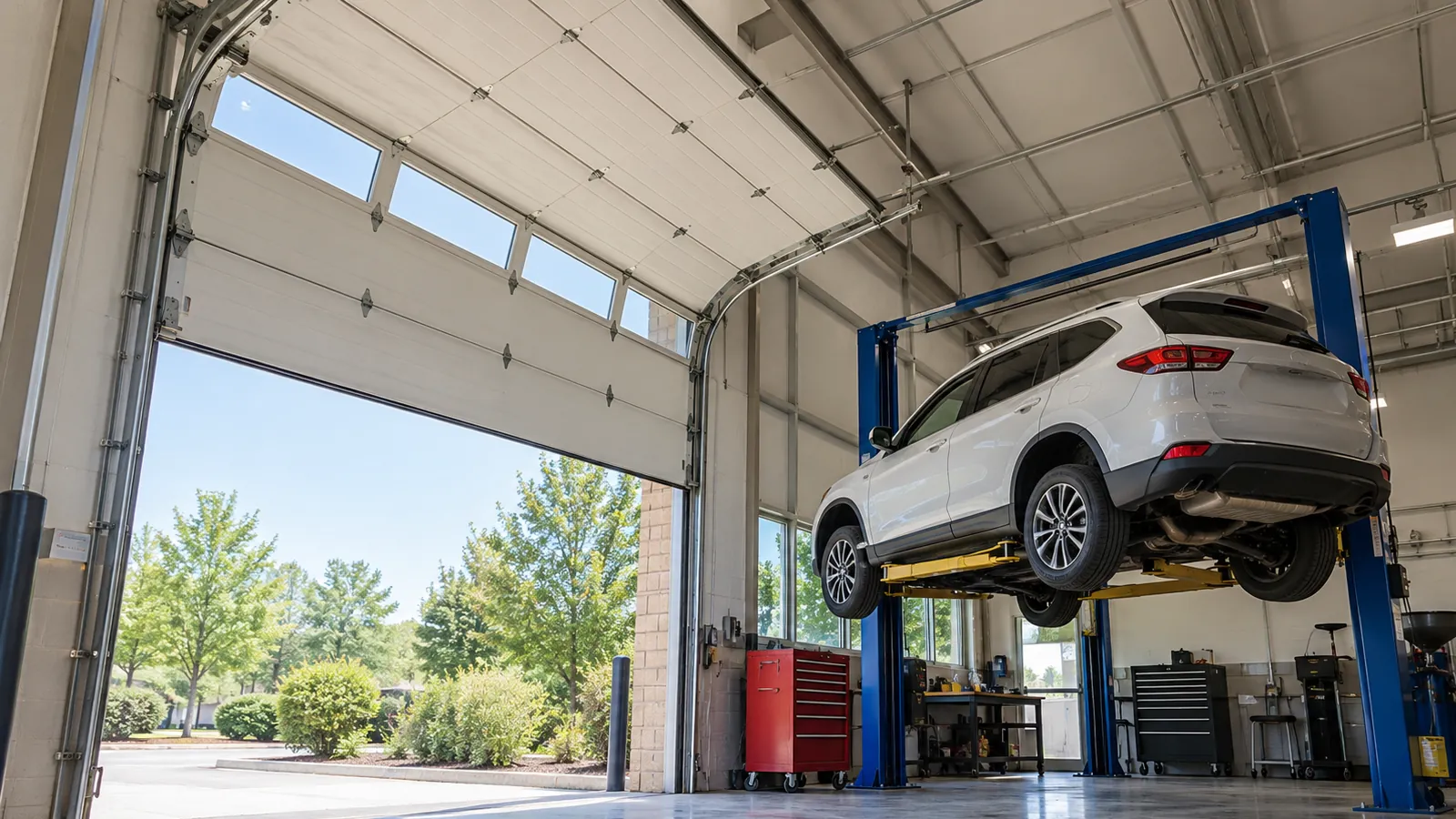 Open white insulated sectional overhead door with high lift track in an auto service bay