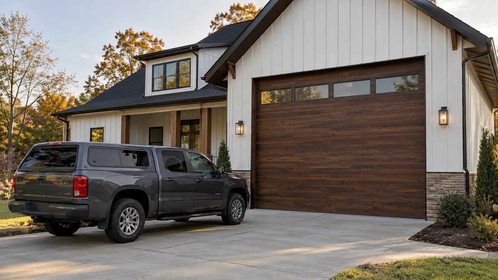 Tall custom garage door in dark stained wood planks with a narrow window row on a modern farmhouse, a pickup with a camper shell in front