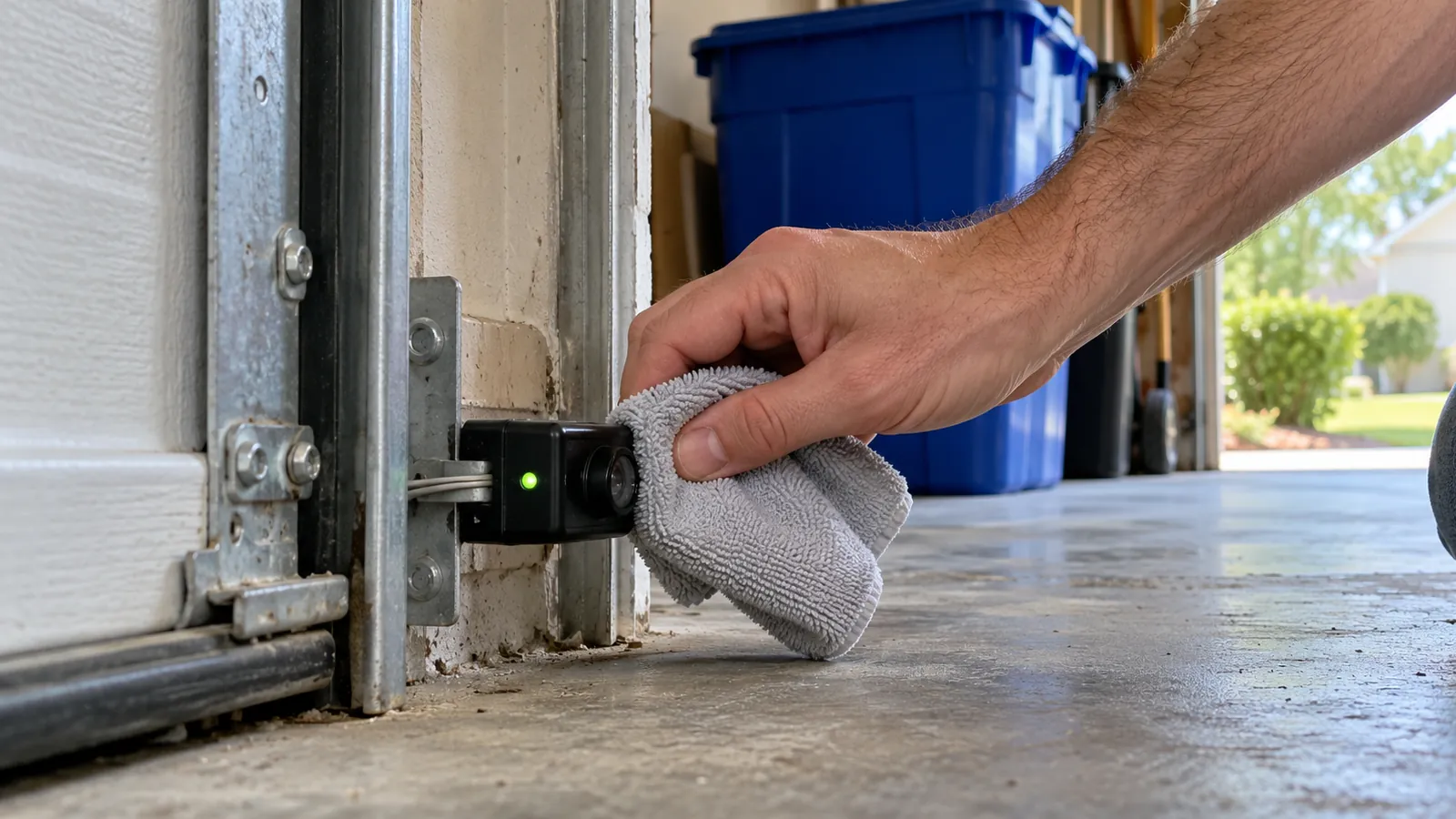 Hand wiping the lens of a garage door safety sensor mounted a few inches above a concrete floor, with a small green indicator light on the sensor