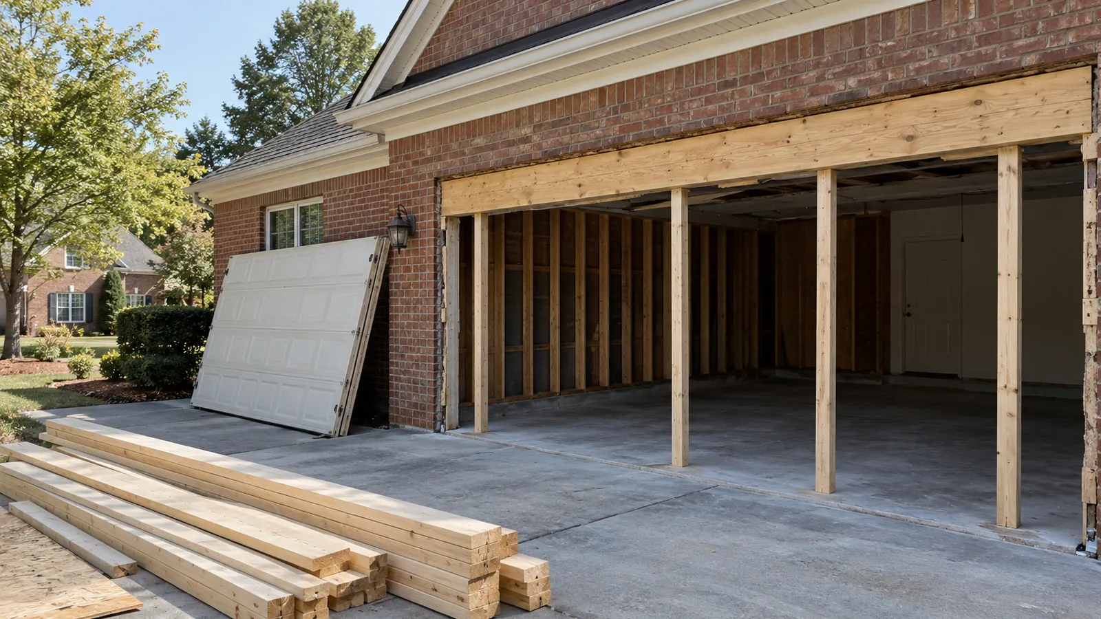 Garage opening being widened, with temporary posts holding a new header beam and an old single door leaning on the wall