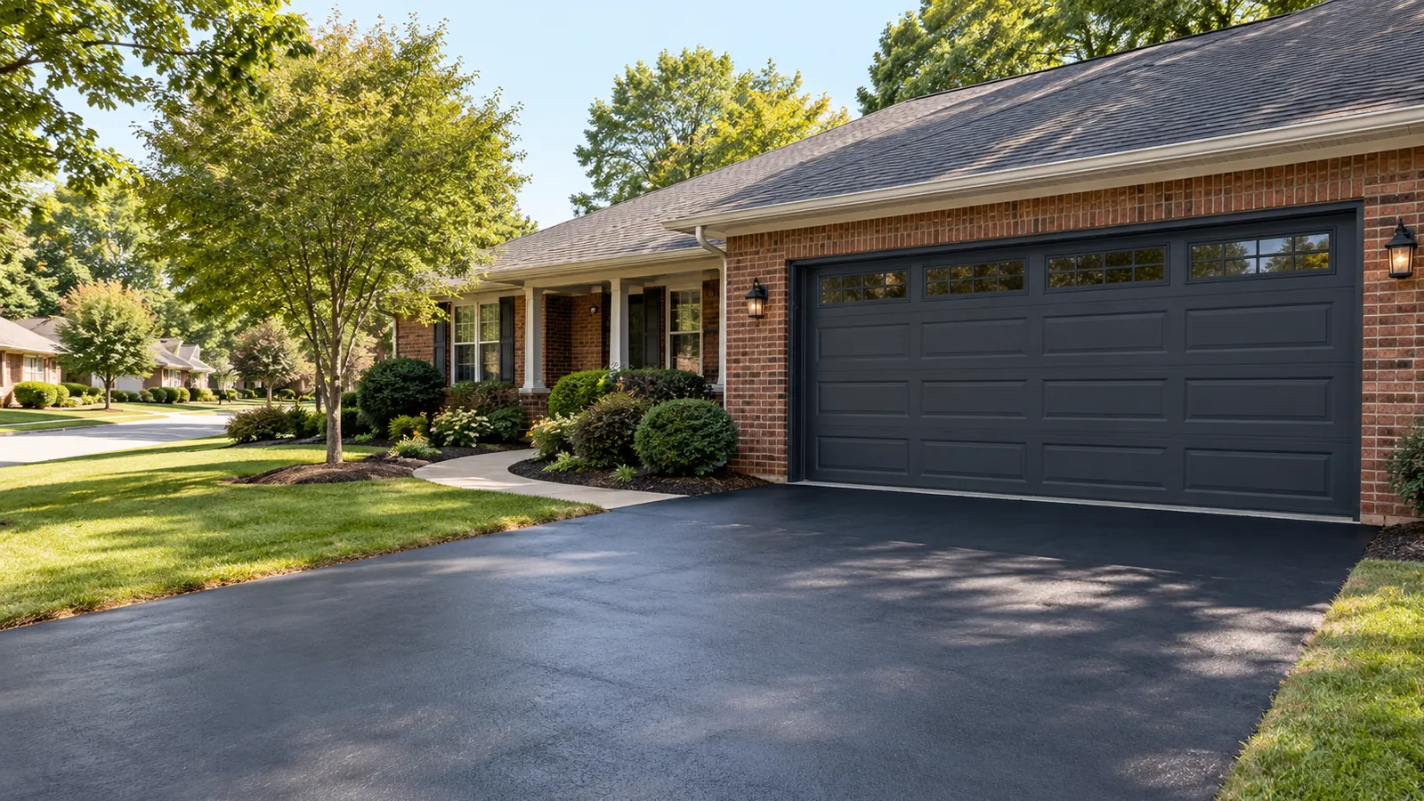 Newly installed charcoal gray steel garage door with a row of windows across the top section on a brick ranch house in a quiet Durham neighborhood