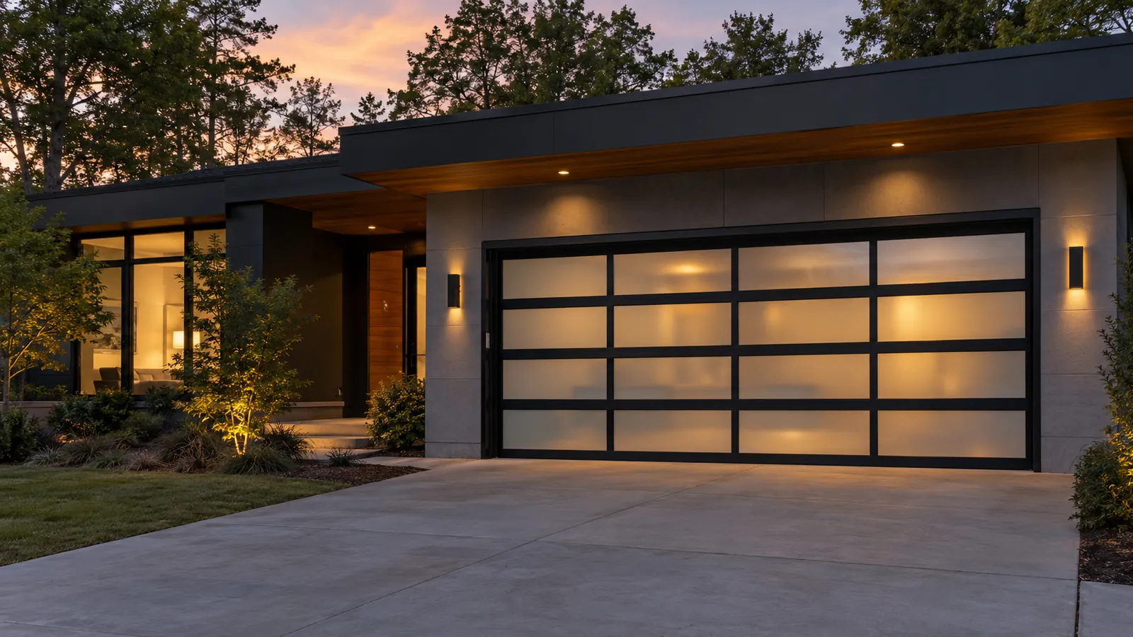 Full view garage door with a black aluminum frame and frosted glass panels on a modern house at dusk