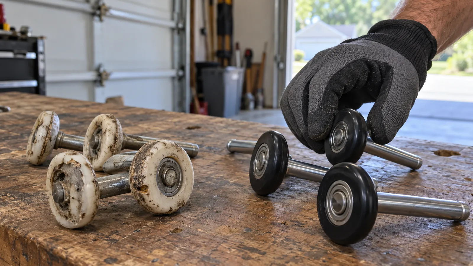Close view of worn plastic garage door rollers with chipped wheels next to new nylon rollers with sealed bearings, laid on a workbench