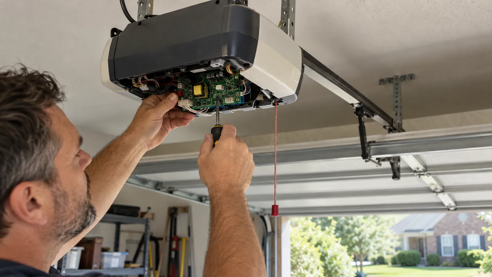 Ceiling mounted garage door opener motor unit with its light cover off, seen from below, with the rail running toward the door