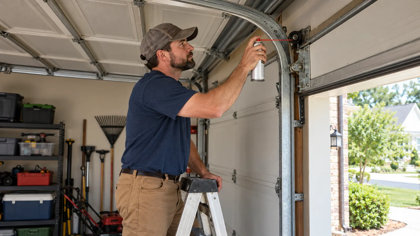 Technician spraying lubricant on the hinges and rollers of a raised garage door from a short stepladder inside a tidy two car garage
